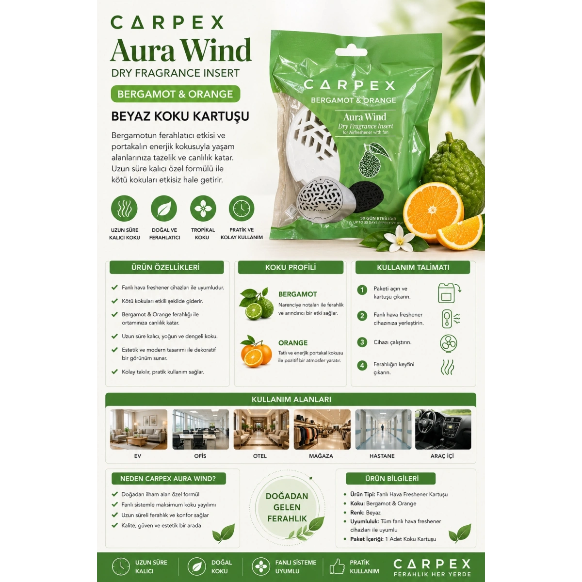 Carpex Aura Wind Beyaz Koku Kartuşu Bergamot & Orange