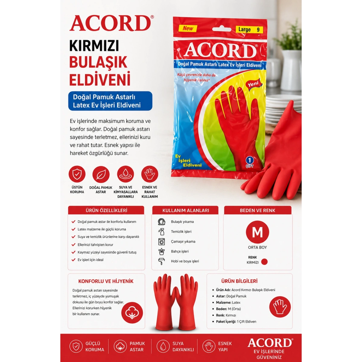 Acord Kırmızı Bulaşık Eldiveni M Beden