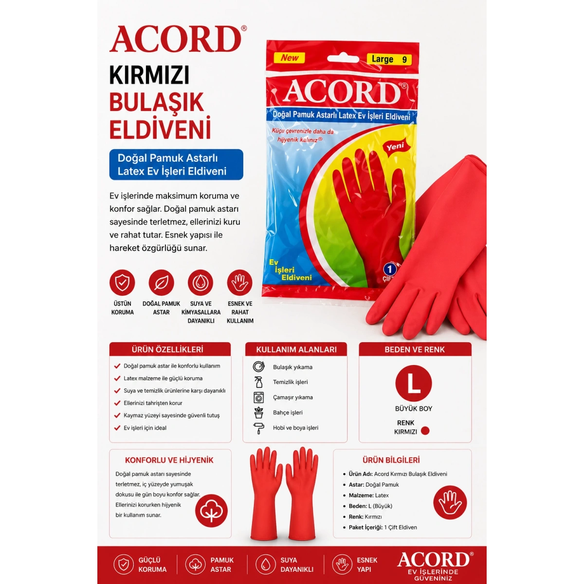 Acord Kırmızı Bulaşık Eldiveni L Beden