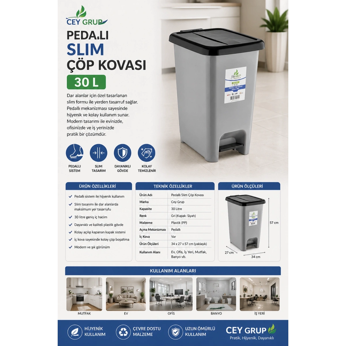 Cey Grup Pedallı Slim Gri Çöp Kovası 30 L