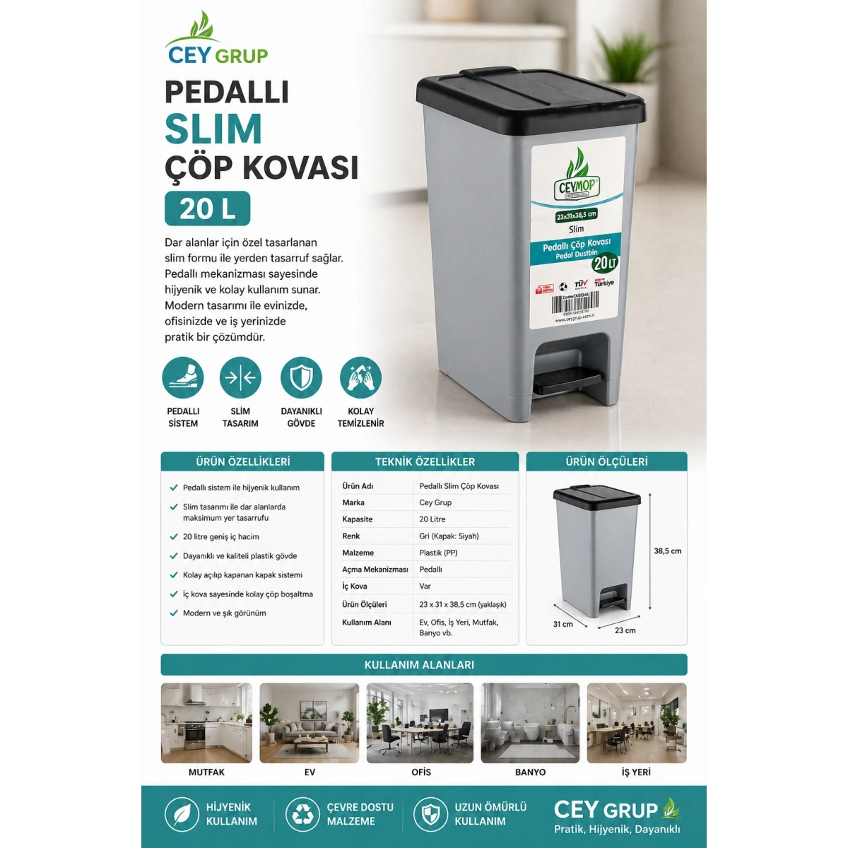 Cey Grup Pedallı Slim Gri Çöp Kovası 20 L