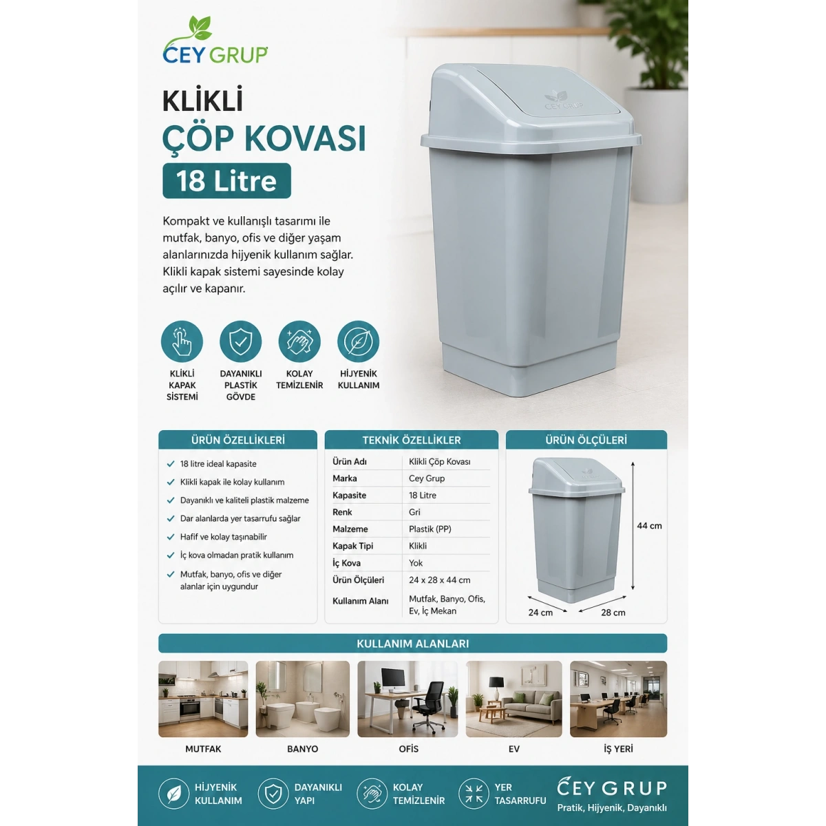 Cey Grup Klikli Gri Çöp Kovası 18 L Ölçüleri 24*28*44 cm