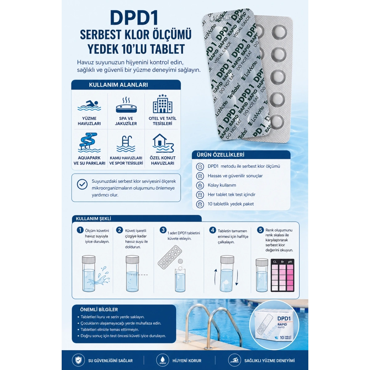 Havuz Dpd1 Serbest Klor Ölçümü İçin Yedek 10lu Tablet
