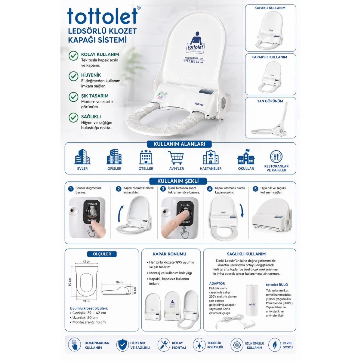 Tottolet Klozet Beyaz Kapak Sistemi Ledsörlü 12 V