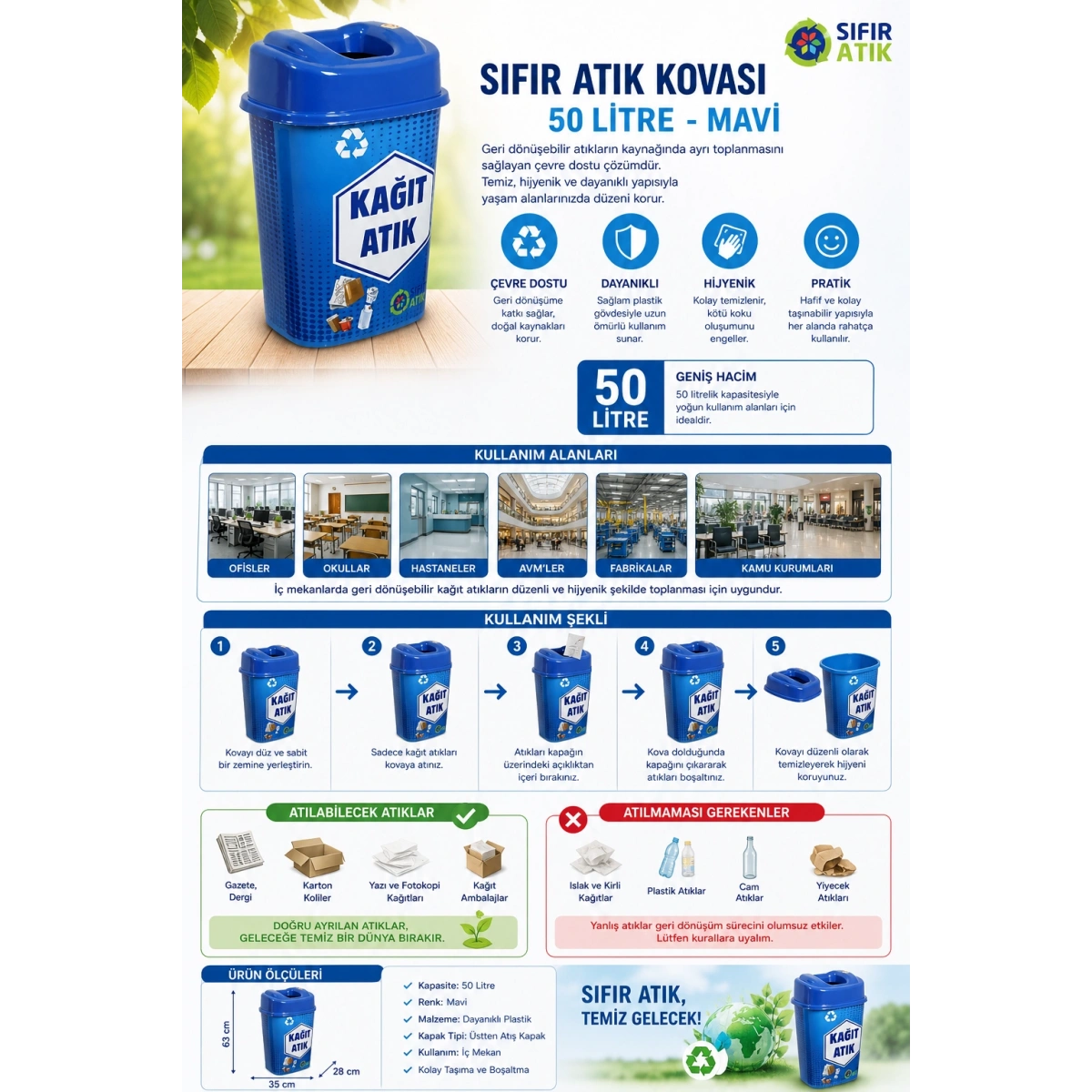 Sıfır Atık Kovası Mavi Renk 50 Lt