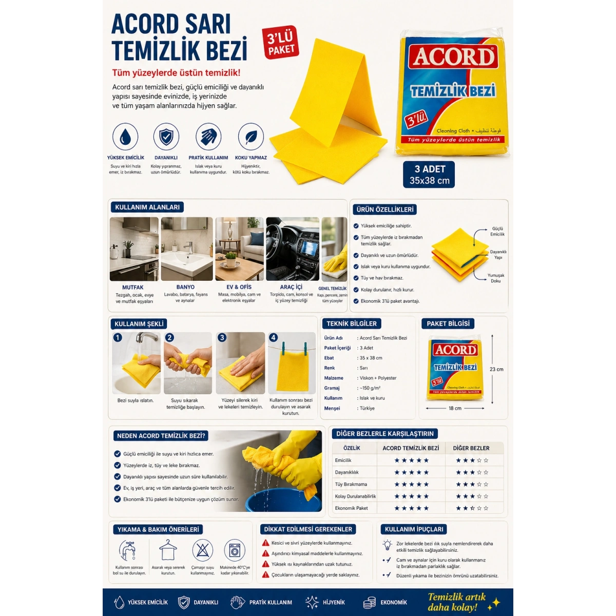 Acord Sarı Temizlik Bezi 3lü 35x38 cm