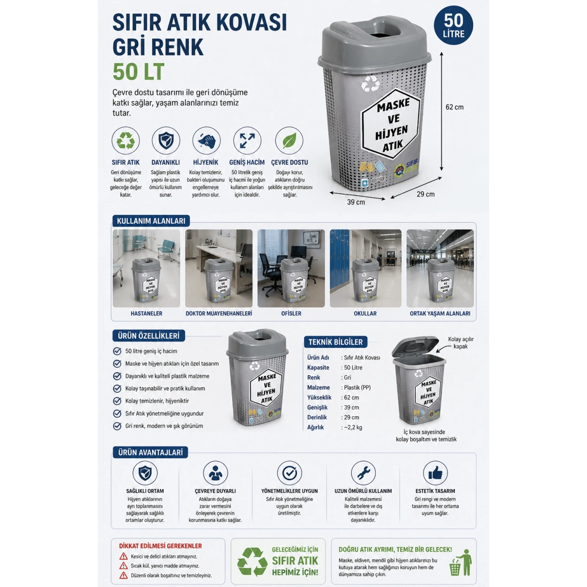 Sıfır Atık Kovası Gri Renk 50 Lt