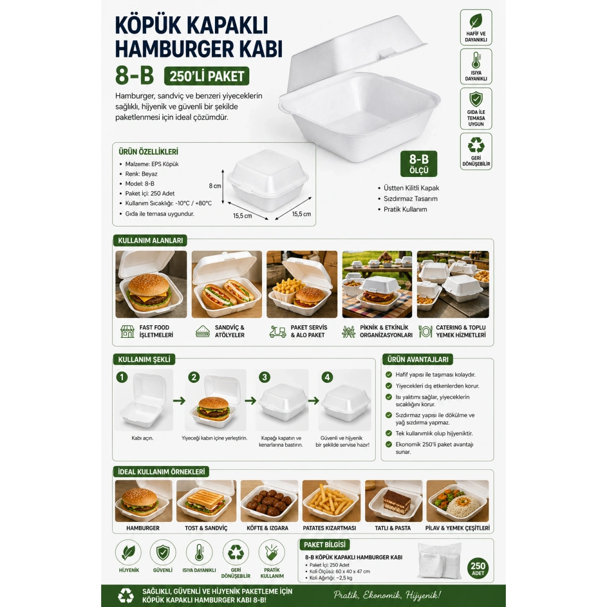 Köpük Kapaklı Hamburger Kabı 8-B 250li