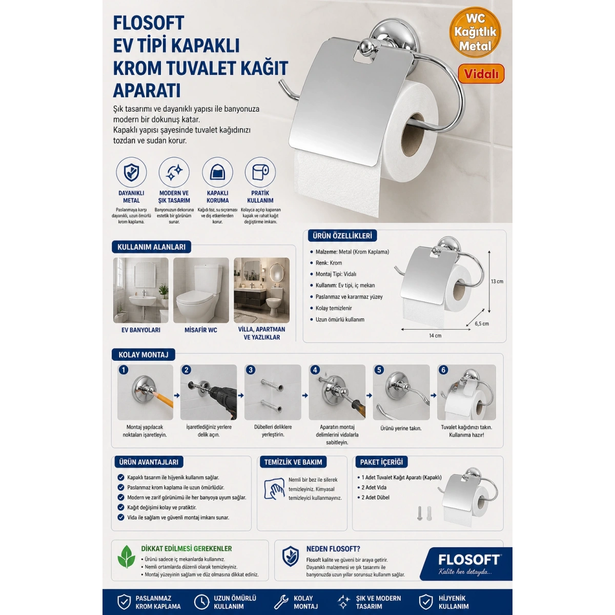 Flosoft Ev Tipi Kapaklı Krom Tuvalet Kağıt Aparatı