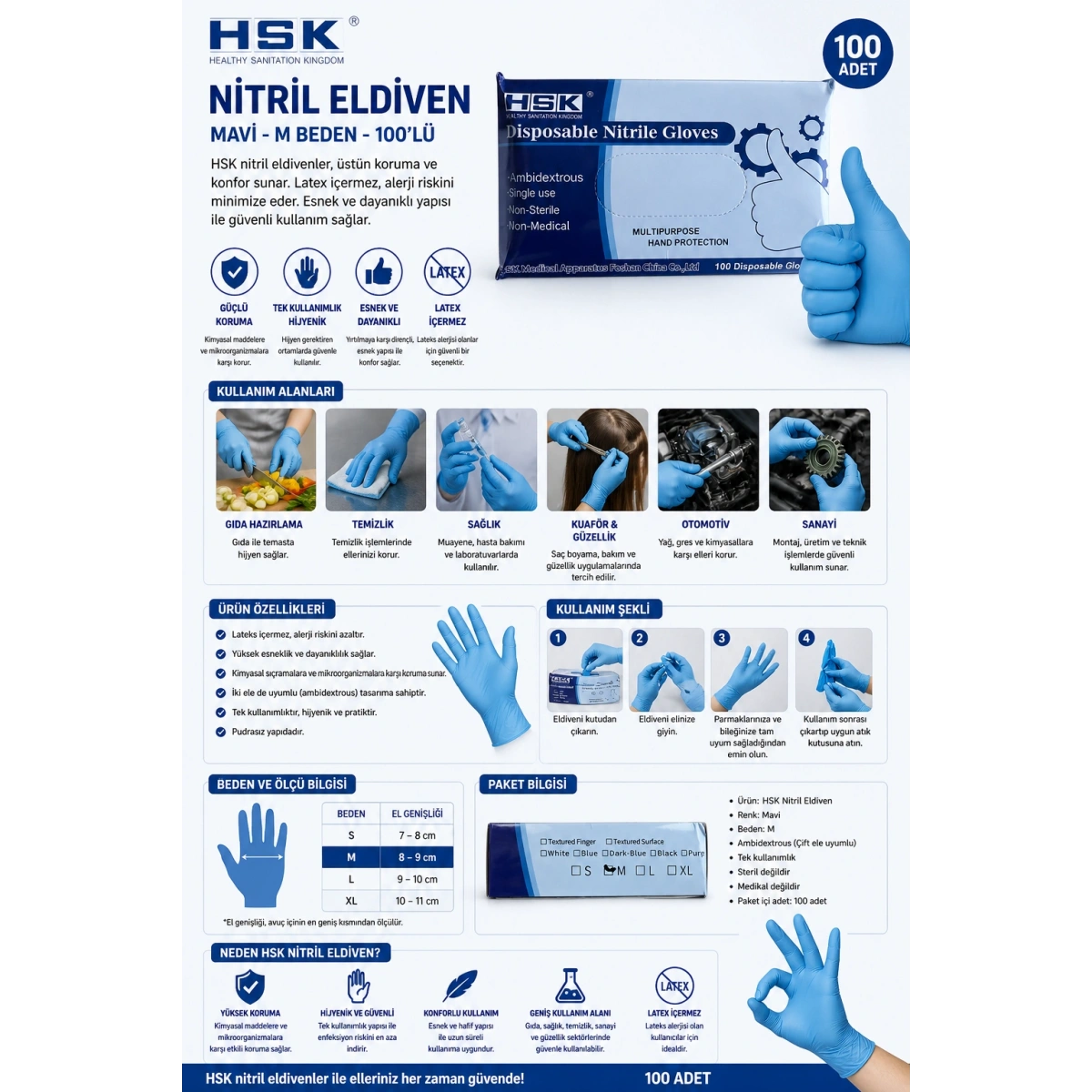 HSK Mavi Nitril Eldiven M Beden 100lü