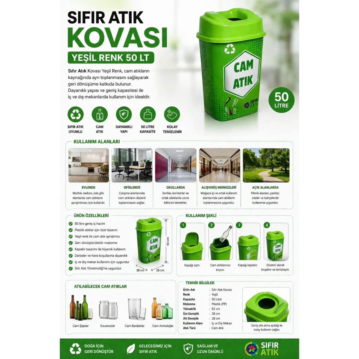 Sıfır Atık Kovası Yeşil Renk 50 Lt