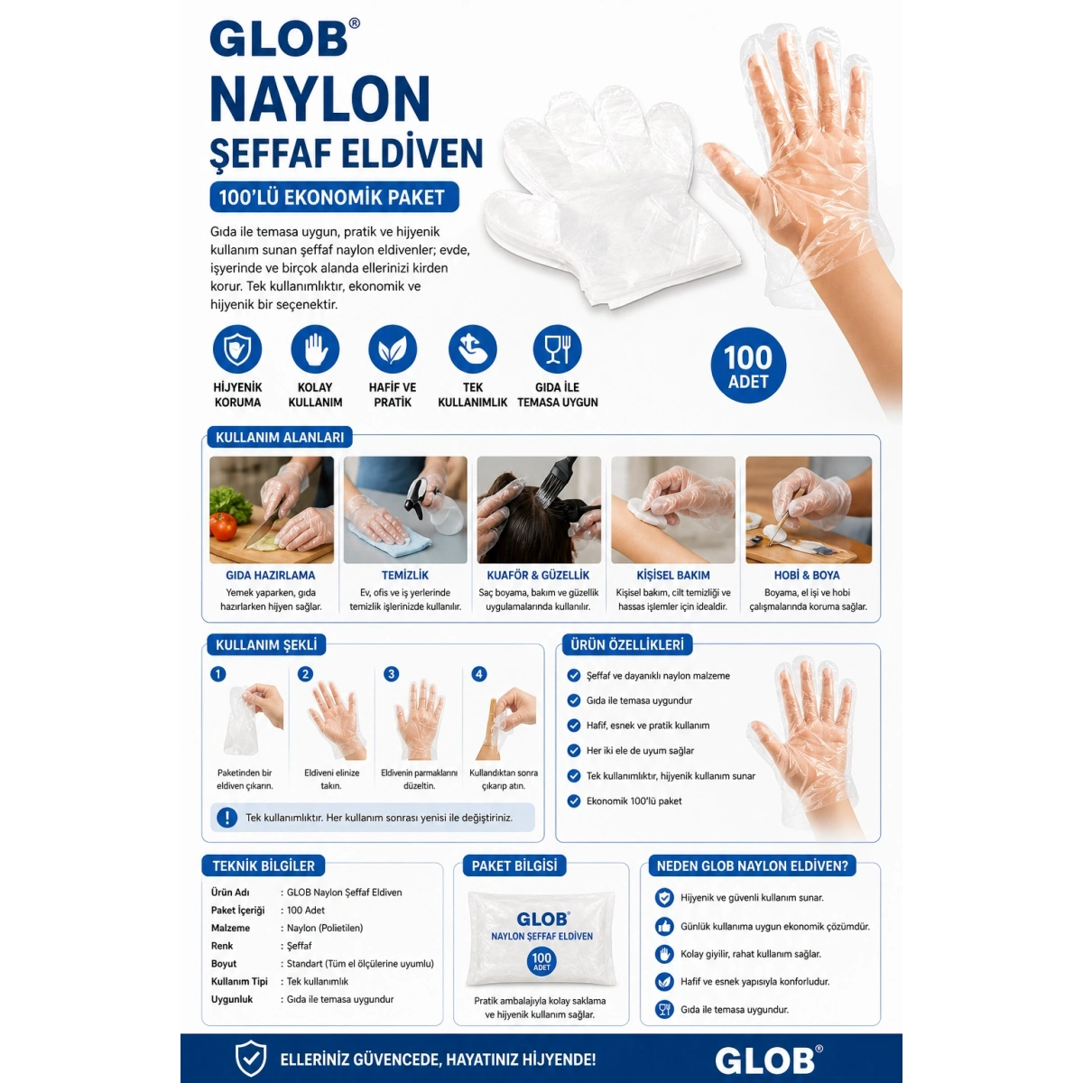 Glob Naylon Şeffaf Eldiven 100lü