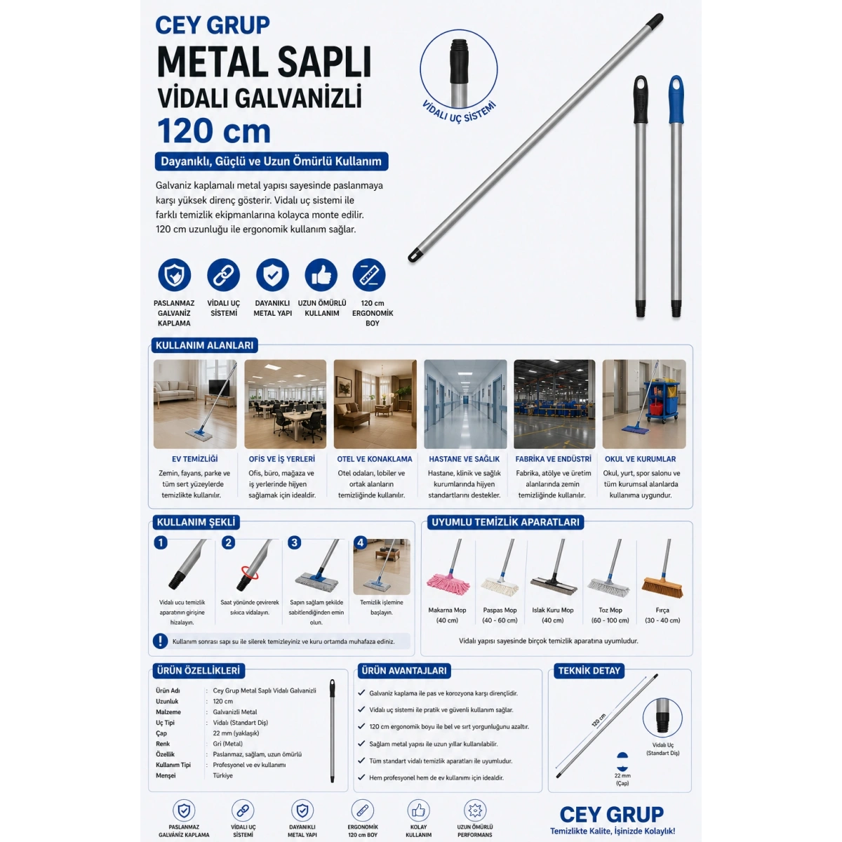 Cey Grup Metal Saplı Vidalı Galvanizli 120 cm