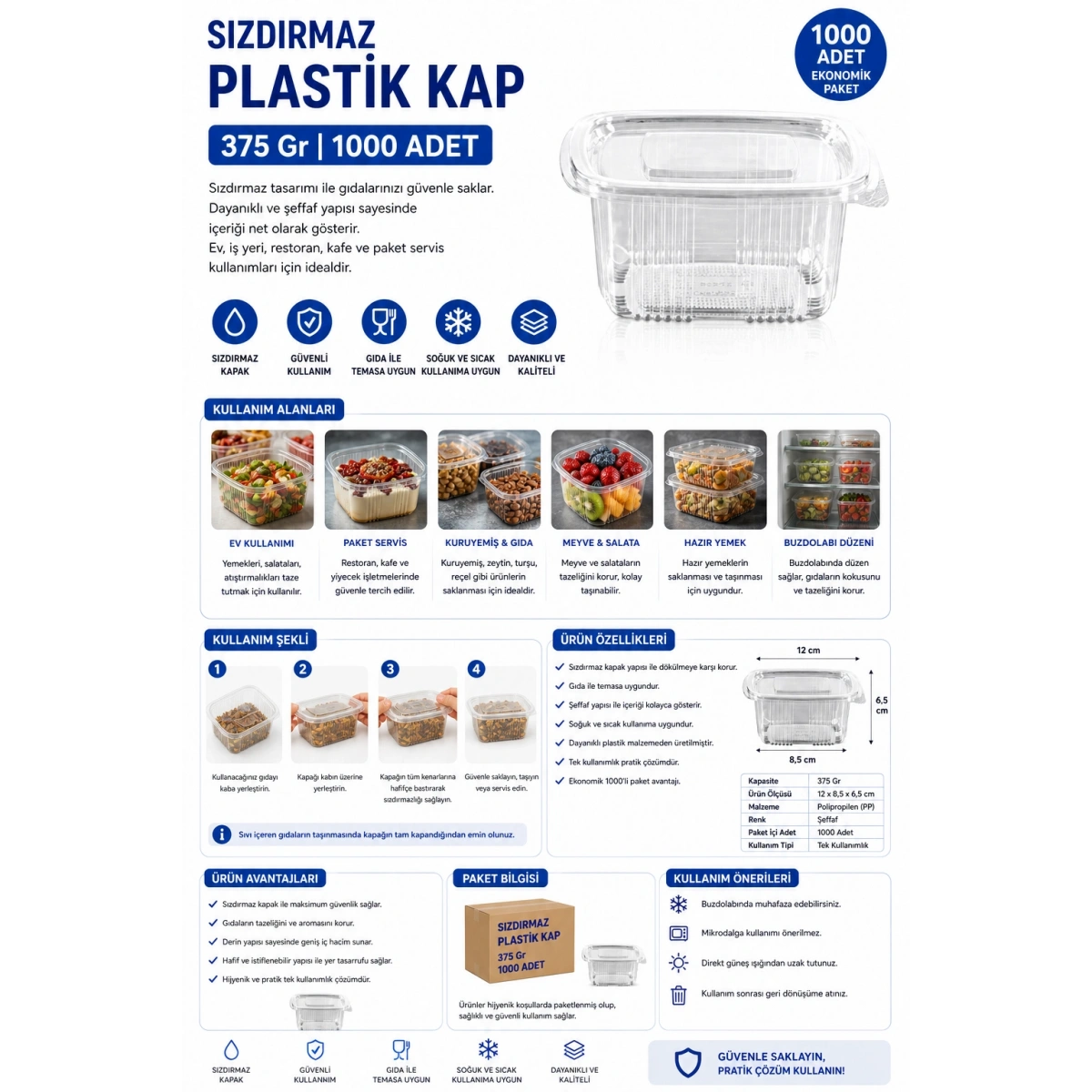 Sızdırmaz Plastik Kap 375 Gr 1000 Adet