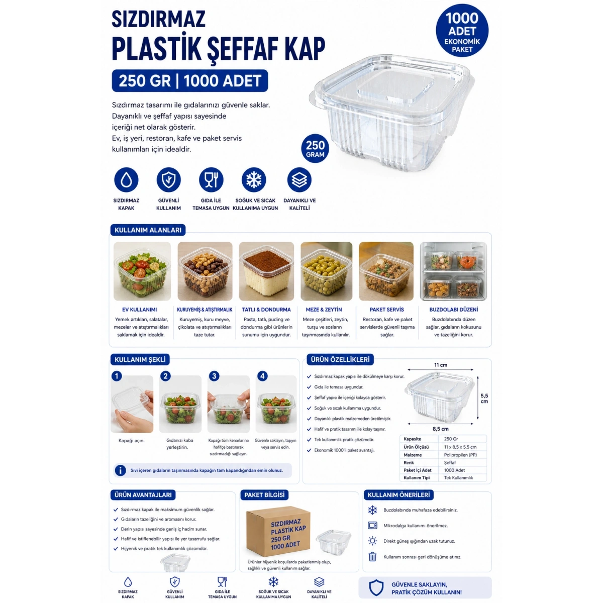 Sızdırmaz Plastik Şeffaf Kap 250 gr 1000 Adet