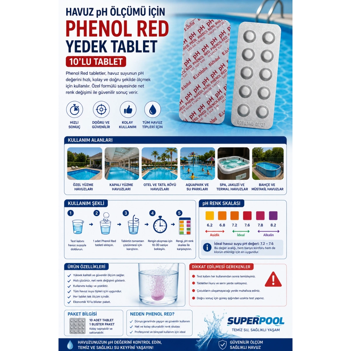 Havuz Phenol Red pH Ölçümü İçin Yedek 10lu Tablet