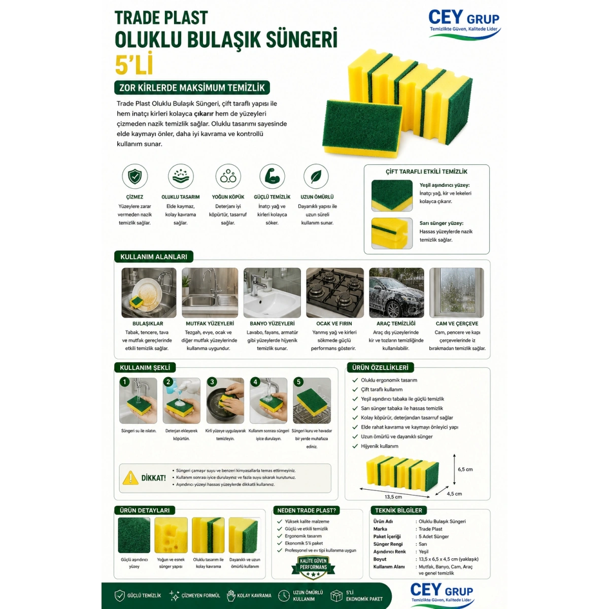 Trade Plast Oluklu Bulaşık Süngeri 5li