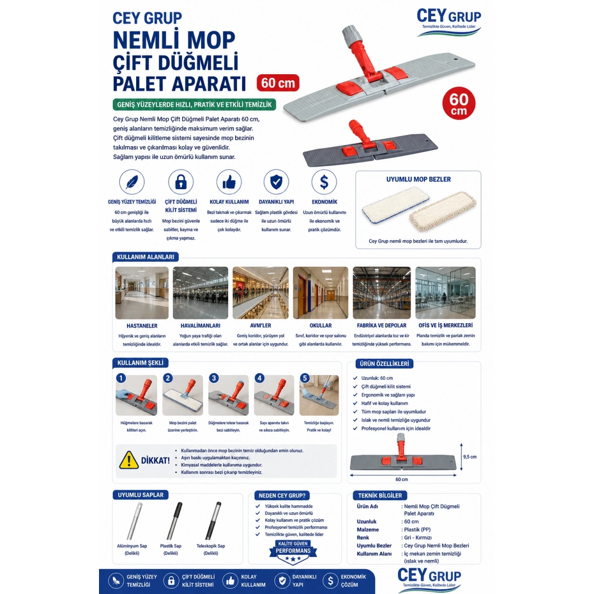 Cey Grup Nemli Mop Çift Düğmeli Palet Aparatı 60 cm