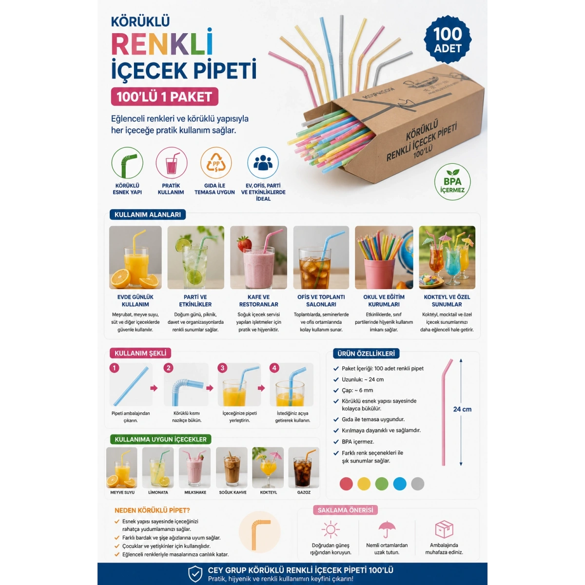Körüklü Renkli İçecek Pipeti 100lü 1 Paket