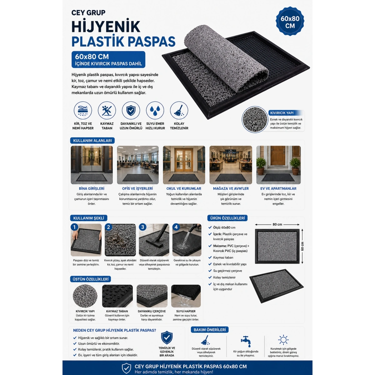 Hijyenik Plastik Paspas 60x80 cm (İçinde Kıvırcık Paspas Dahil)