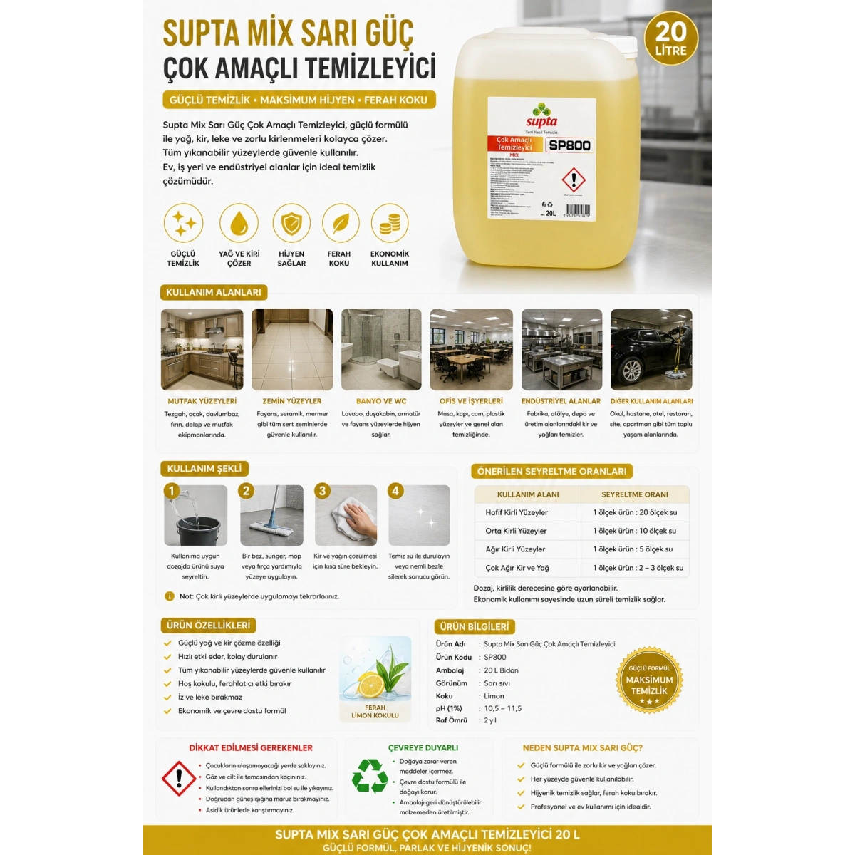 Supta Mix Sarı Güç Çok Amaçlı Temizleyici 20 L