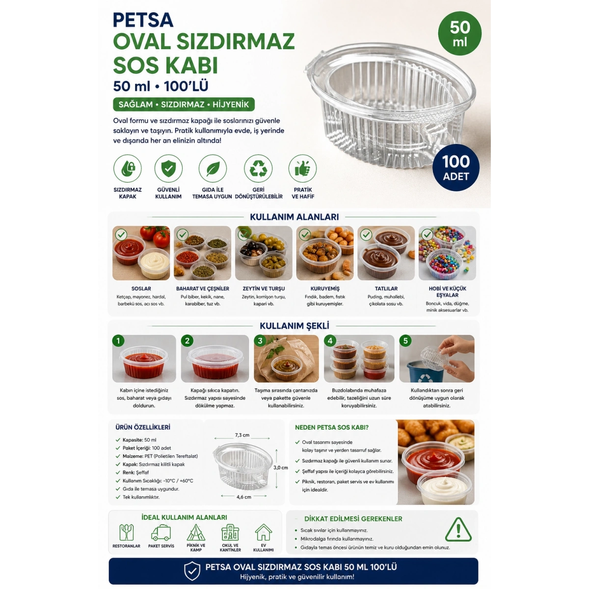 Petsa Oval Sızdırmaz Sos Kabı 50 ml 100lü