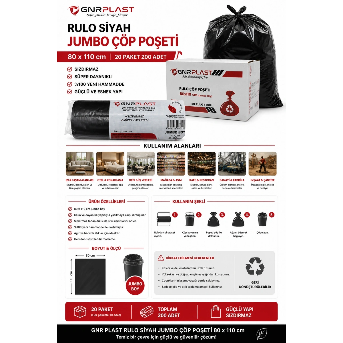 Gnr Plast SK007337 Rulo Siyah Jumbo Çöp Poşeti 80 x 110 cm 20 Paket 200 Adet