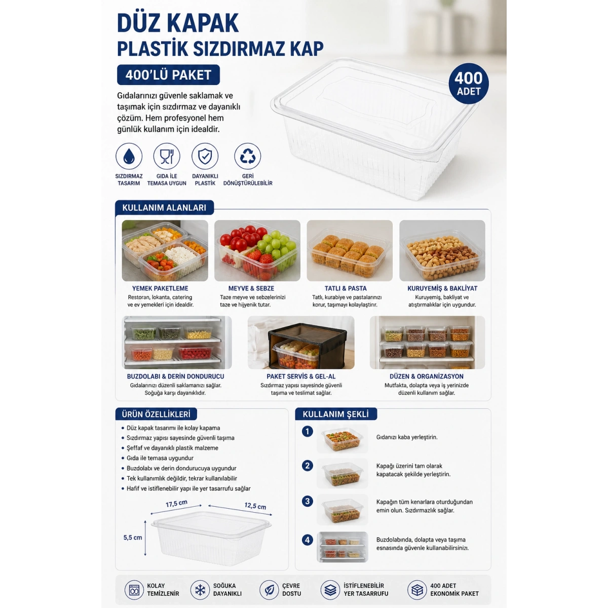 Düz Kapak Plastik Sızdırmaz Kap 400lü