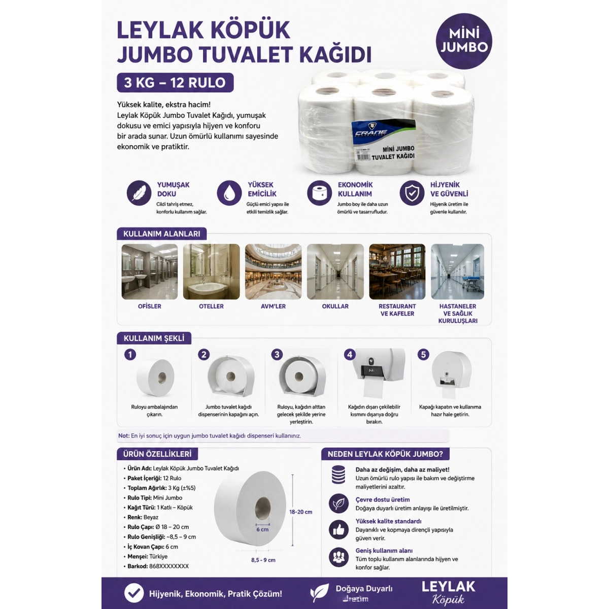 Leylak Köpük Jumbo Tuvalet Kağıdı 3 Kg 12 Rulo