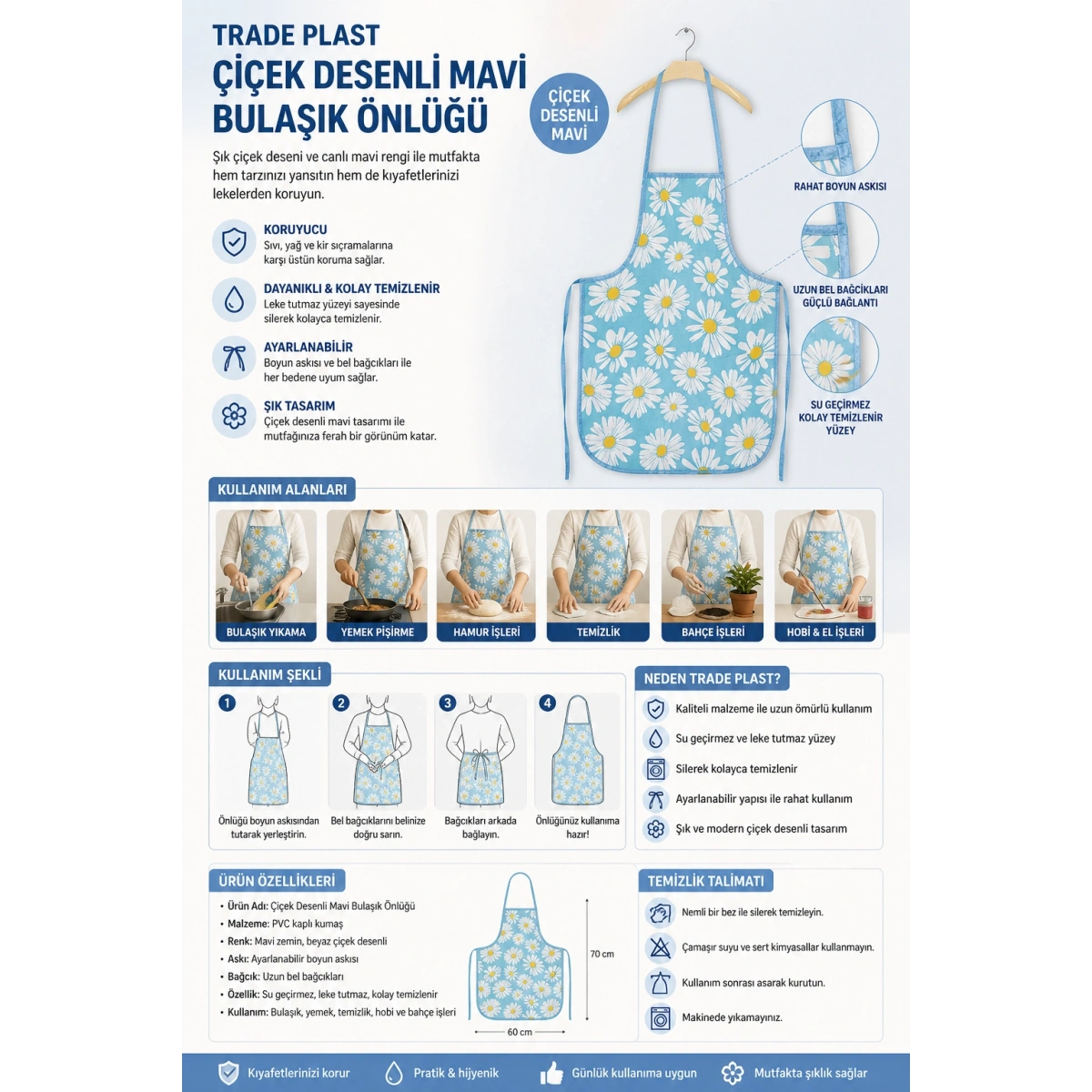 Trade Plast Çiçek Desenli Mavi Bulaşık Önlüğü