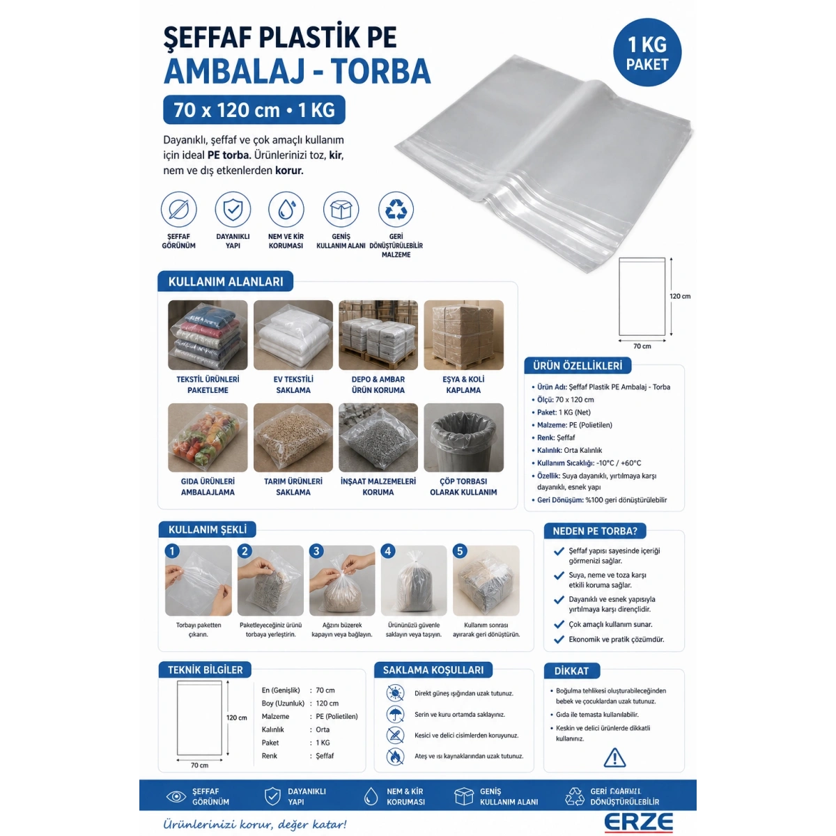 Şeffaf Plastik Pe Ambalaj - Torba 70*120 cm 1 kg