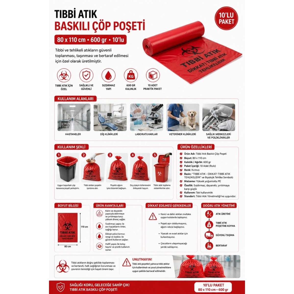 Tıbbi Atık Baskılı Çöp Poşeti 80*110 cm 600 gr 10lu