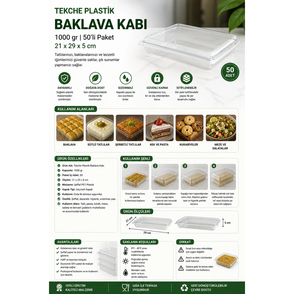 Tekche Plastik Baklava Kabı 1000 gr 50li 21*29*5 cm
