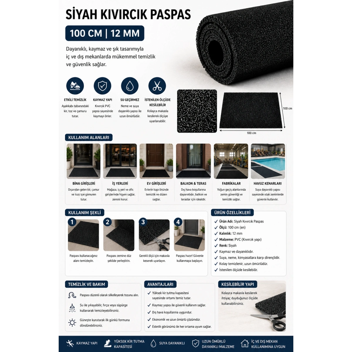 Siyah Kıvırcık Paspas 100 cm 12 mm