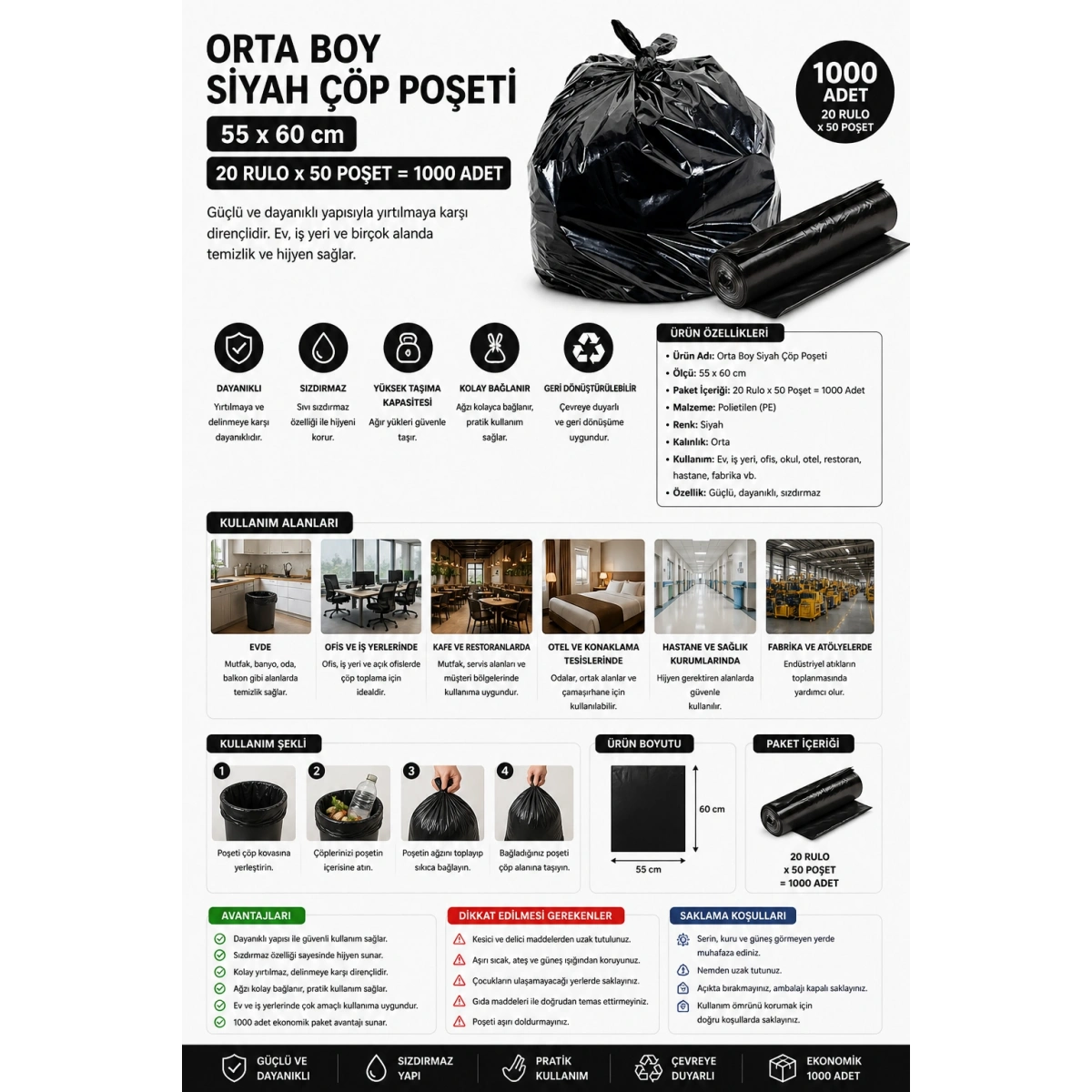 Orta Boy Siyah Çöp Poşeti 55*60 cm 20 Rulo*50 Poşet 1000 Adet