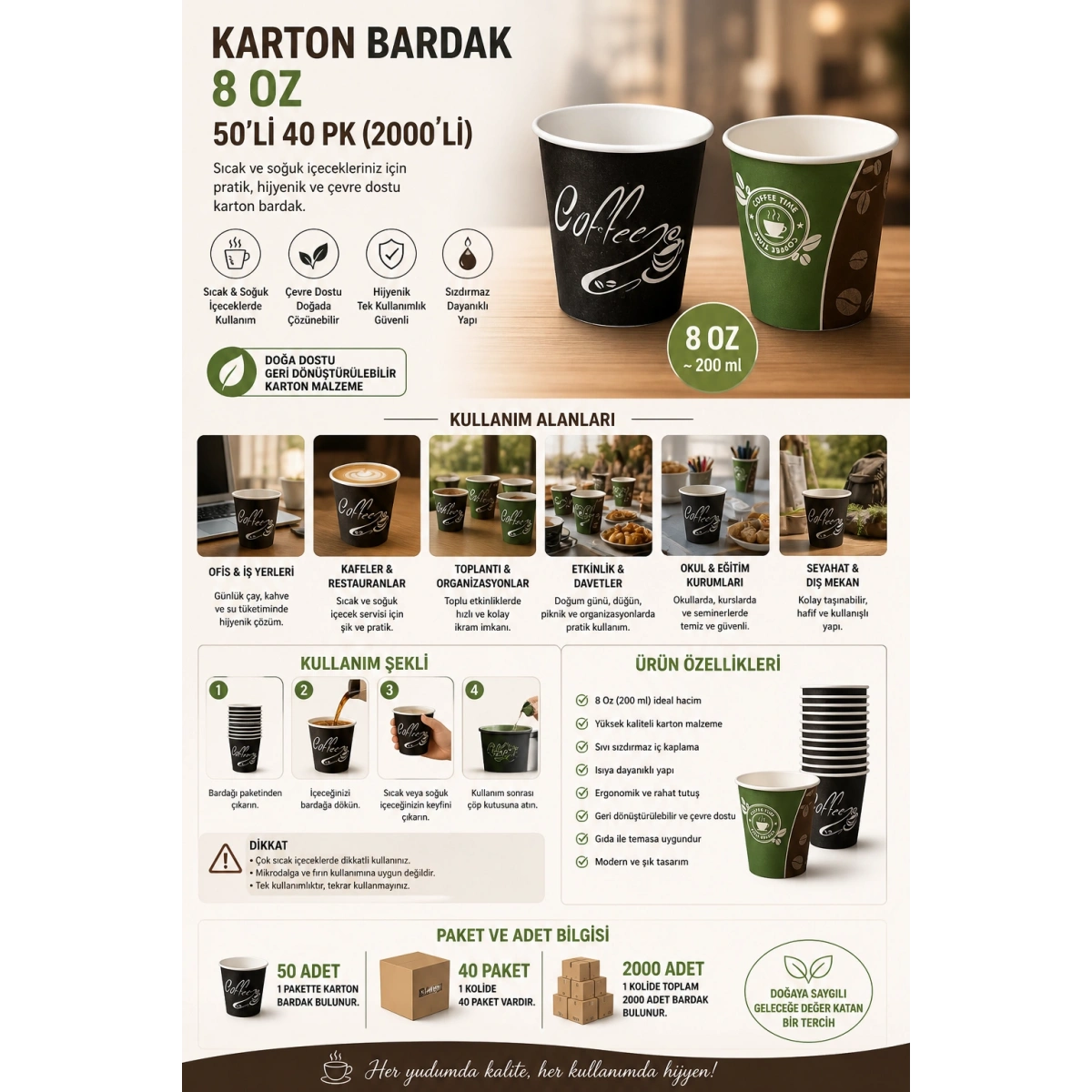 Karton Bardak 8 Oz 50 Li 40 Pk (2000Li)