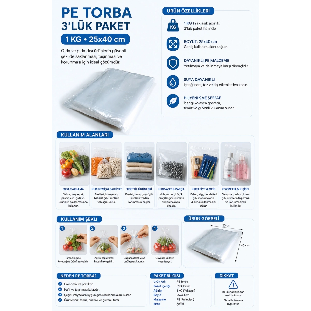 Pe Torba 3lük Paket 1 kg 25x40 cm
