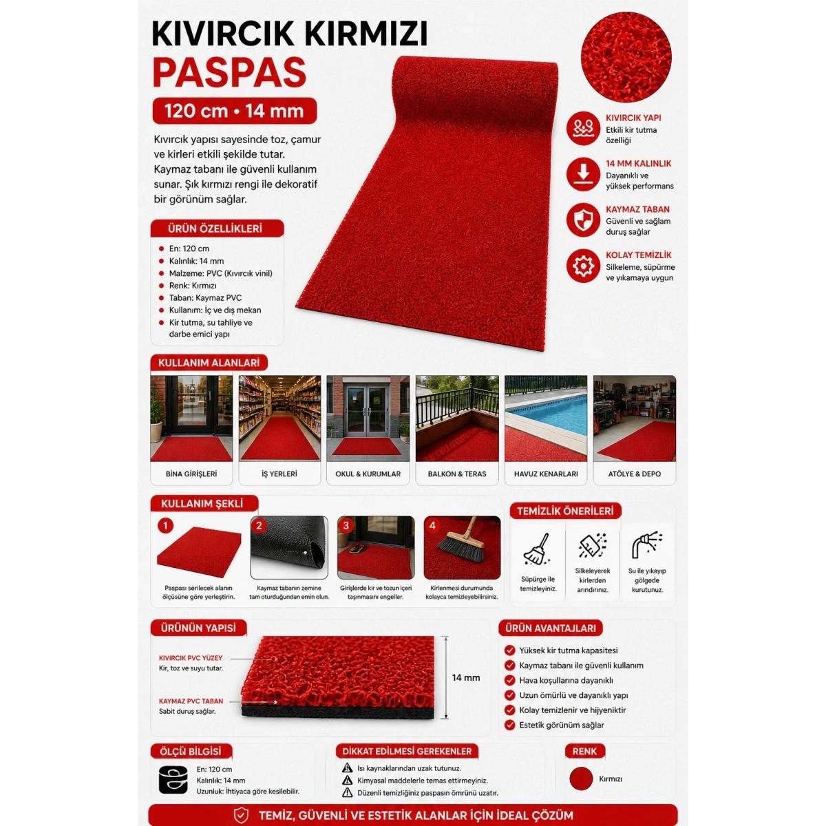 Kıvırcık Kırmızı Paspas 120 cm 14 mm