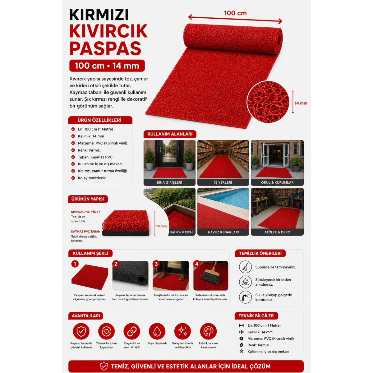 Kırmızı Kıvırcık Paspas 100 cm 14 mm 1 Metre