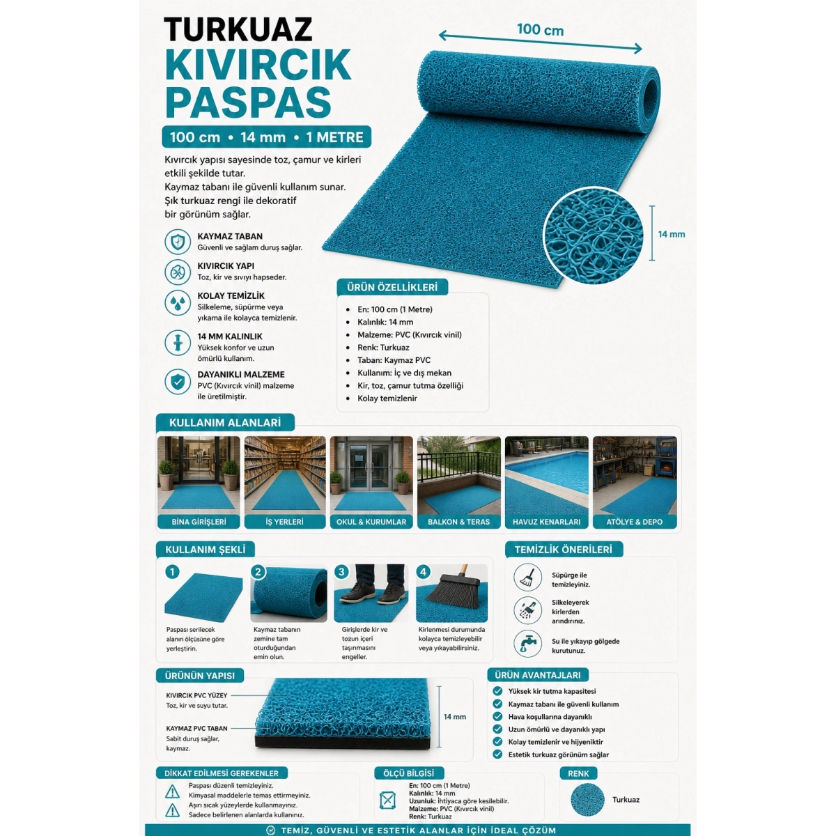 Turkuaz Kıvırcık Paspas 100 cm 14 mm 1 Metre