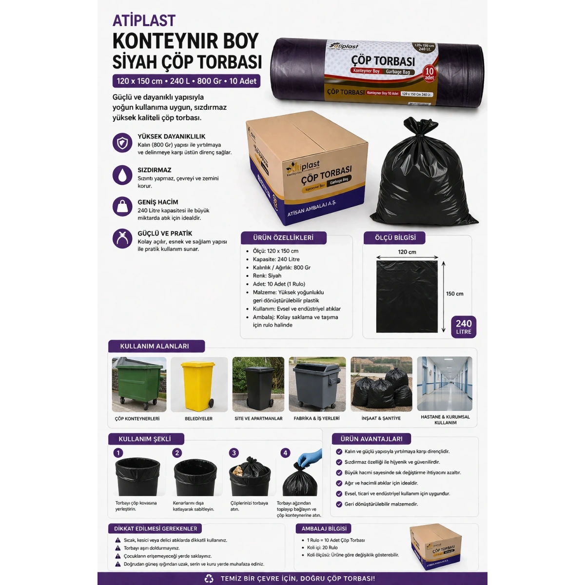Atiplast Konteynır Boy Siyah Çöp Torbası 120 x 150 cm, 240 L, 800 Gr, 10 Adet