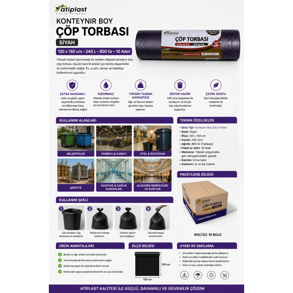 Atiplast Konteynır Boy Siyah Çöp Torbası 120 x 150 cm, 240 L, 800 Gr, 10 Adet