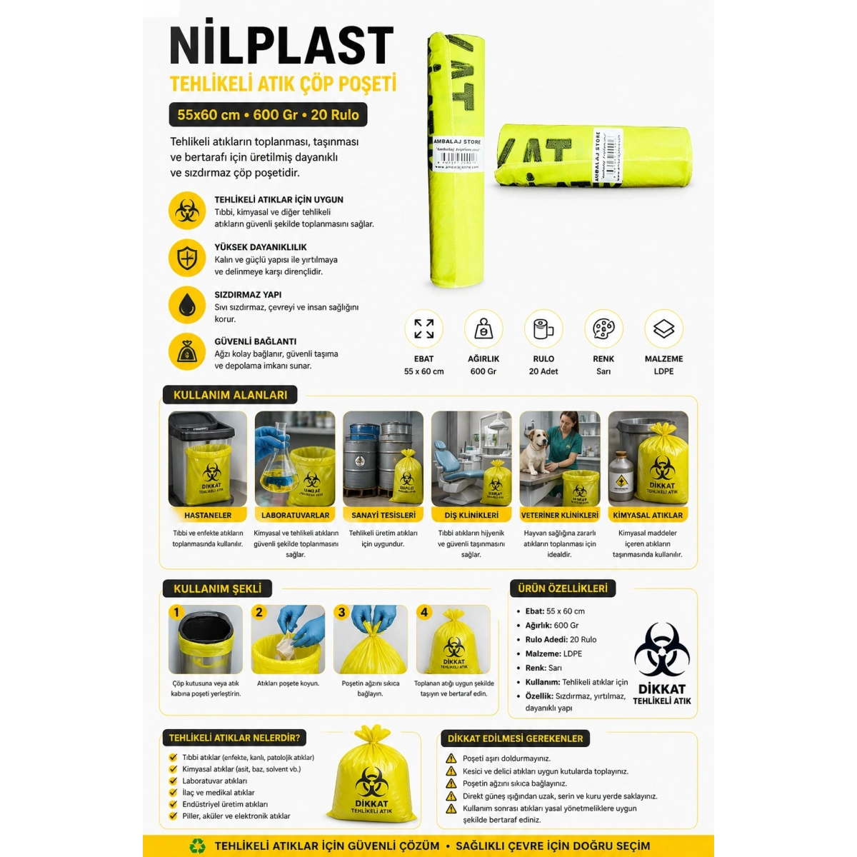 Nilplast Tehlikeli Atık Çöp Poşeti 55x60 cm 600 Gr 20 Rulo