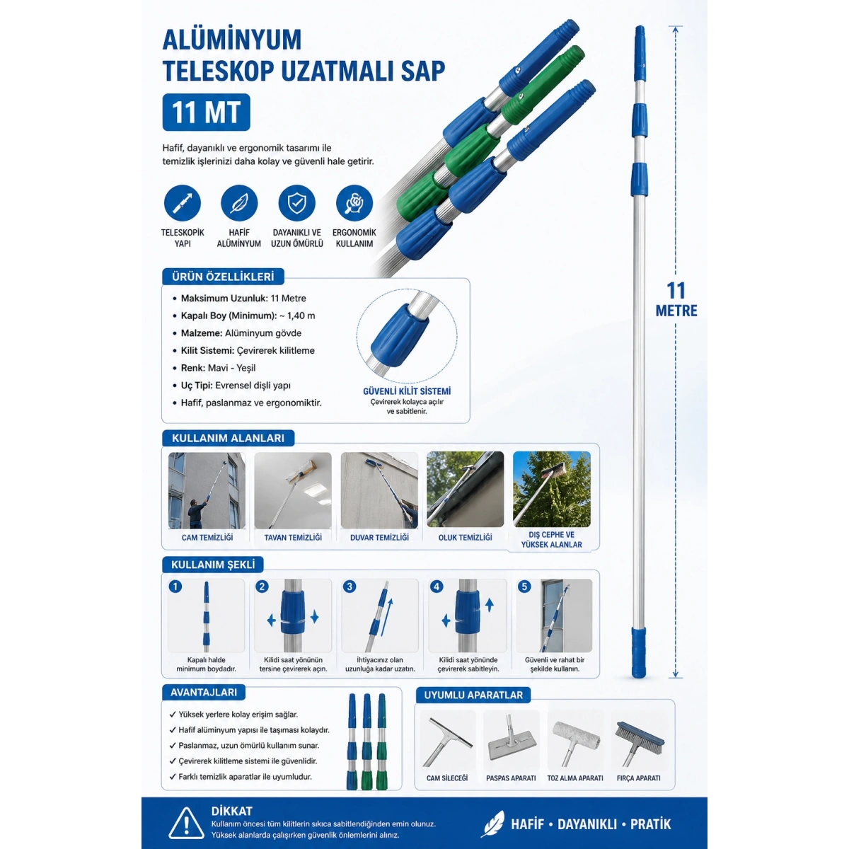 Alüminyum Teleskop Uzatmalı Sap 11 Mt