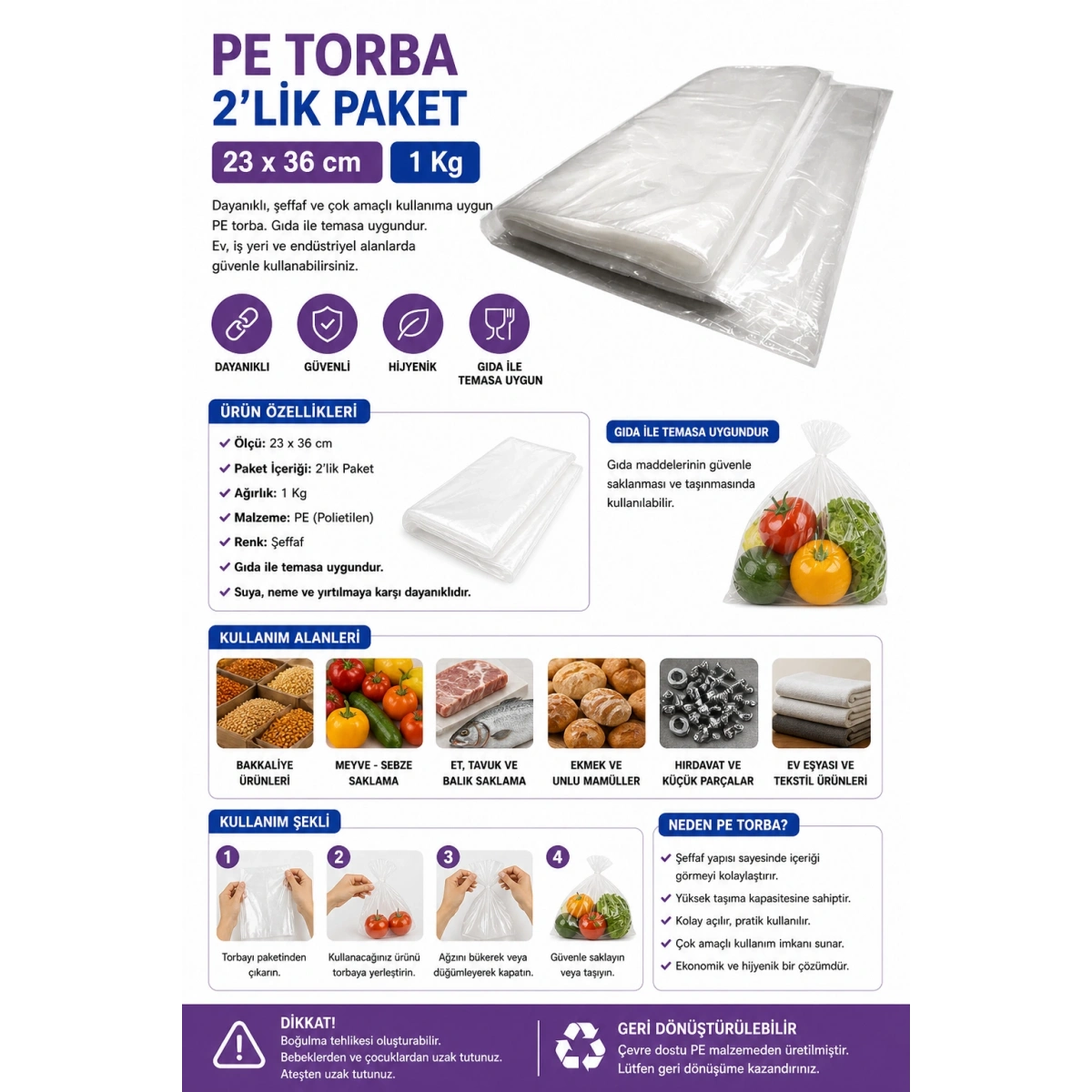 Pe Torba 2lik Paket 1 kg 23x36 cm