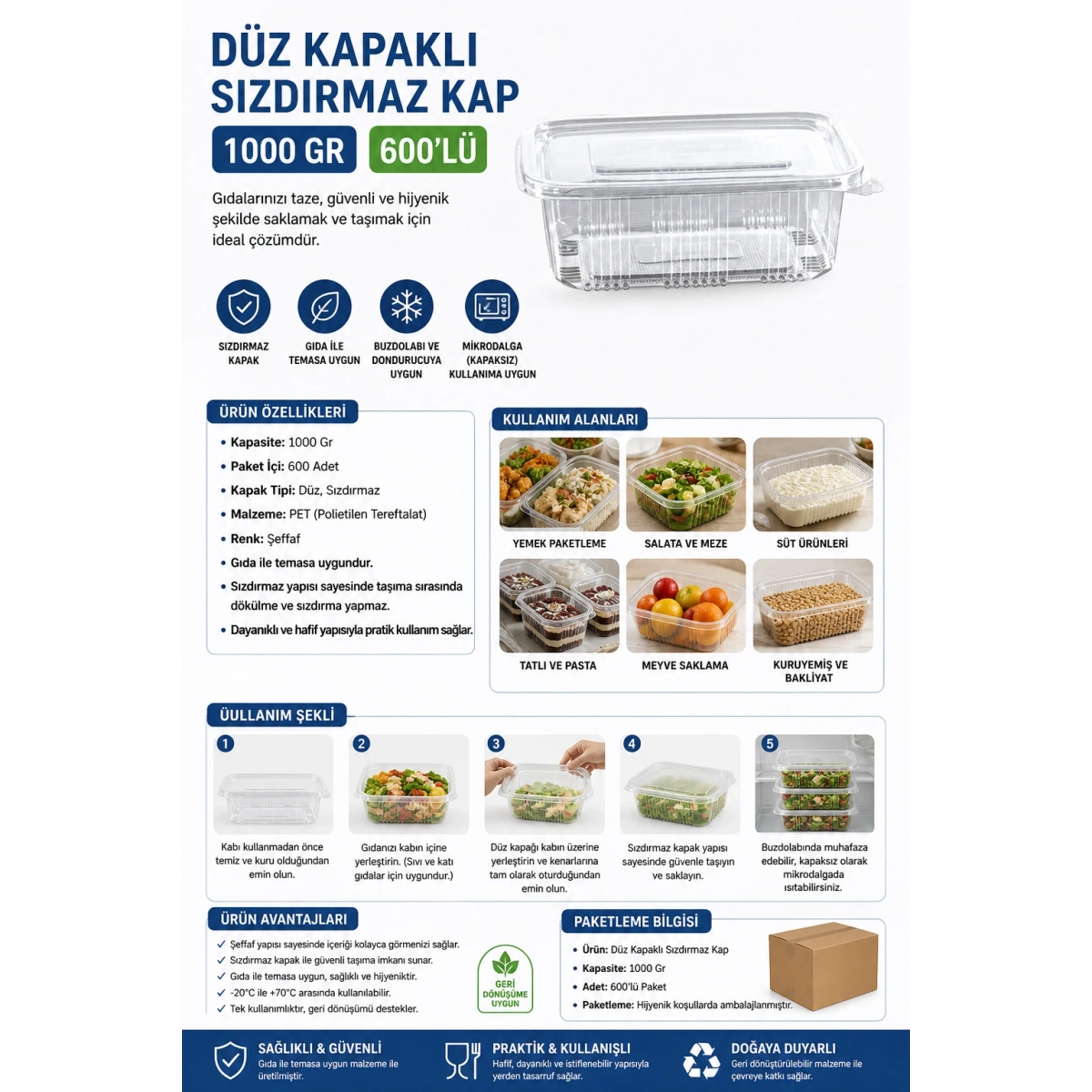 Düz Kapaklı Sızdırmaz Kap 1000 Gr 600lü