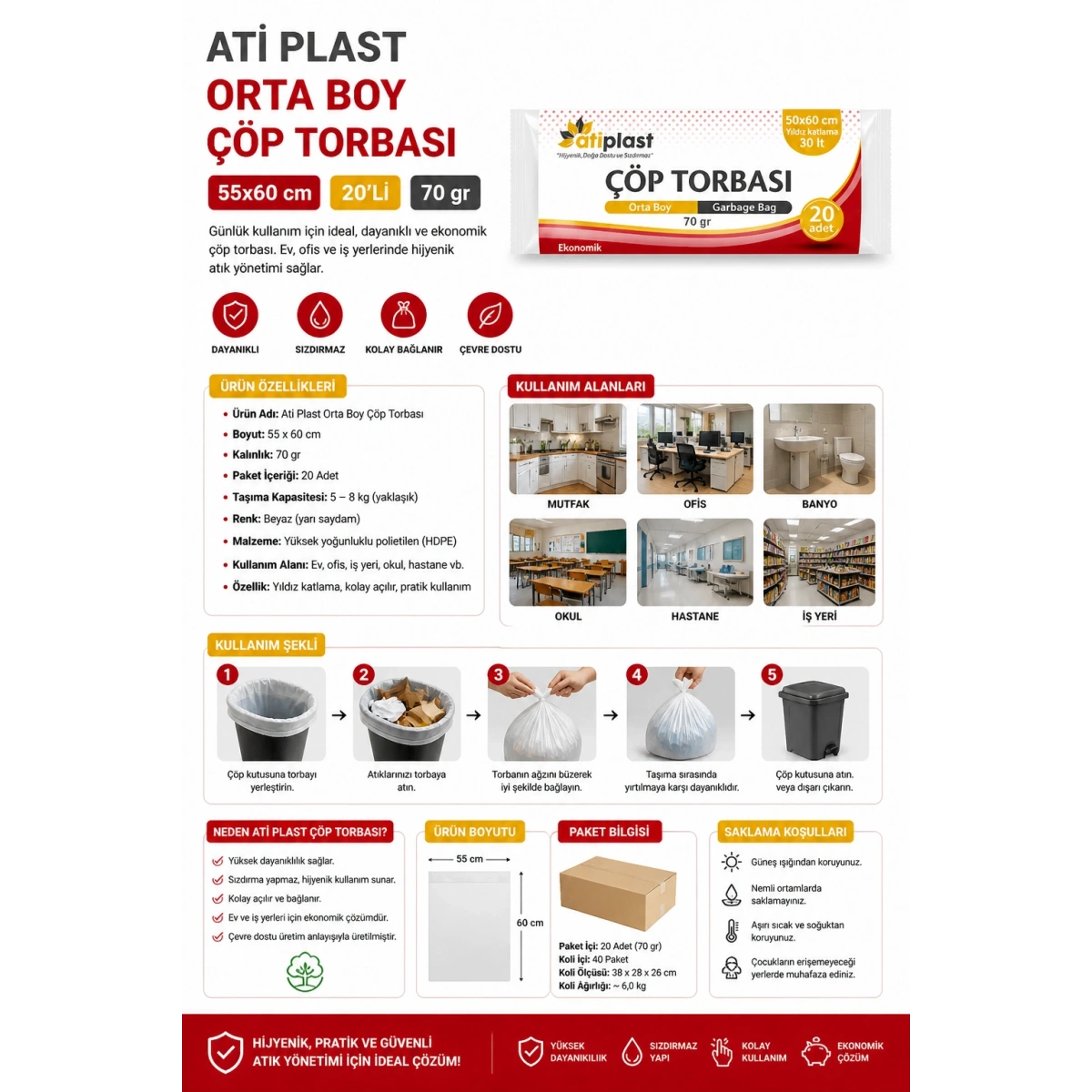 Ati Plast Orta Boy Çöp Poşeti 55x60 cm 20li