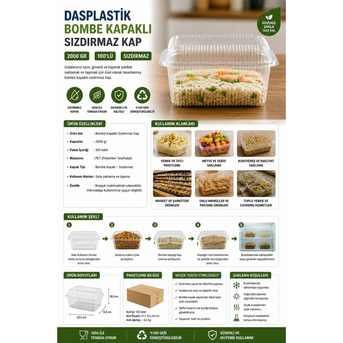 Dasplastik Bombe Kapaklı Sızdırmaz Kap 2000 gr 100lü