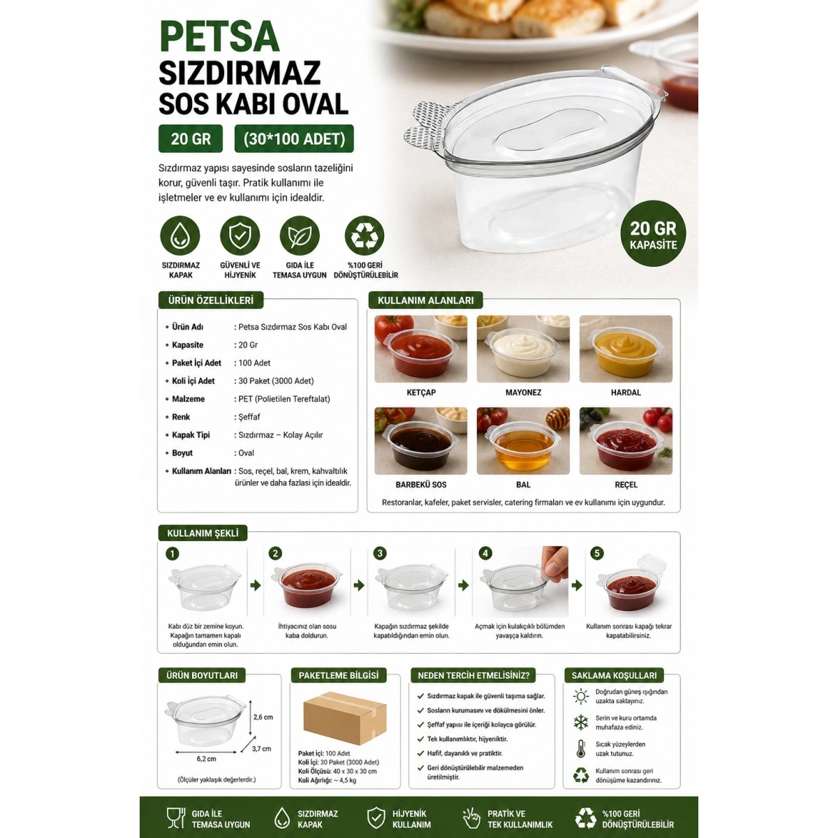 Petsa Sızdırmaz 20 Gr Sos Kabı Oval (30x100)
