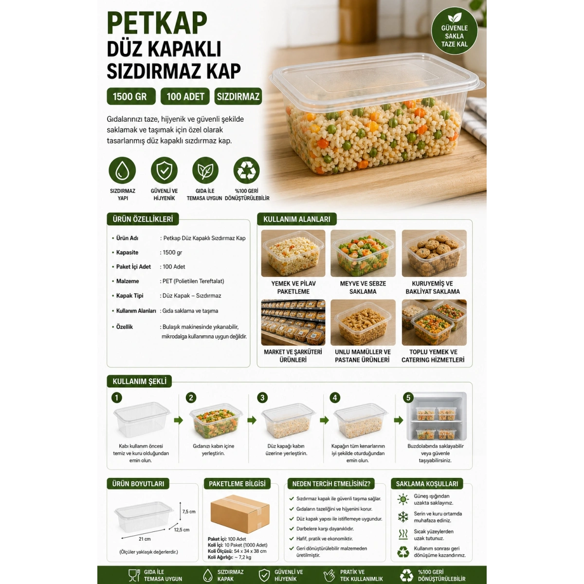 Petkap Düz Kapaklı Sızdırmaz Kap 1500 gr 100 Adet